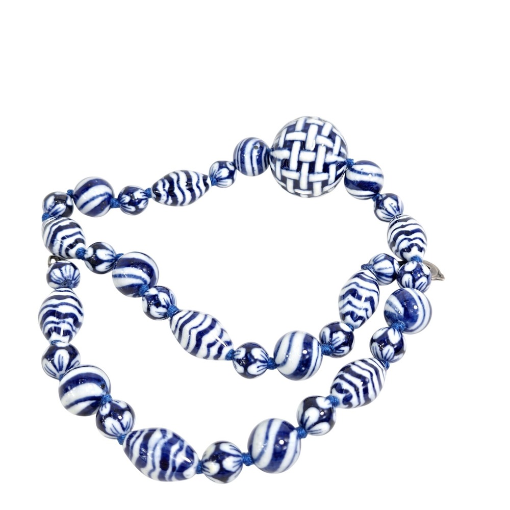 Blue Ceramic Porcelain Basket Weave Bead‎ Necklace Earrings Set Coco 925 - Picture 5 of 9